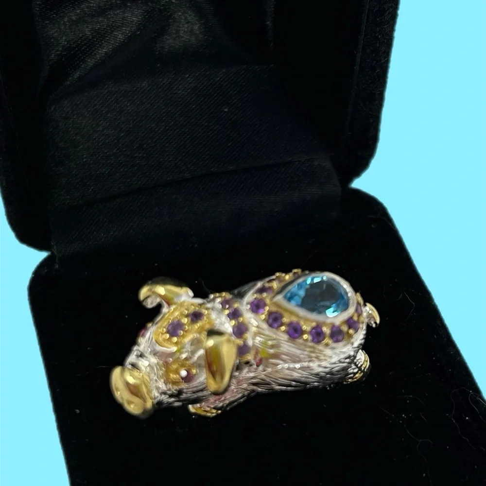 Exquisite, One Of A Kind, Genuine Blue Topaz & Amethyst Piggy Ring. - Picture 3 of 4